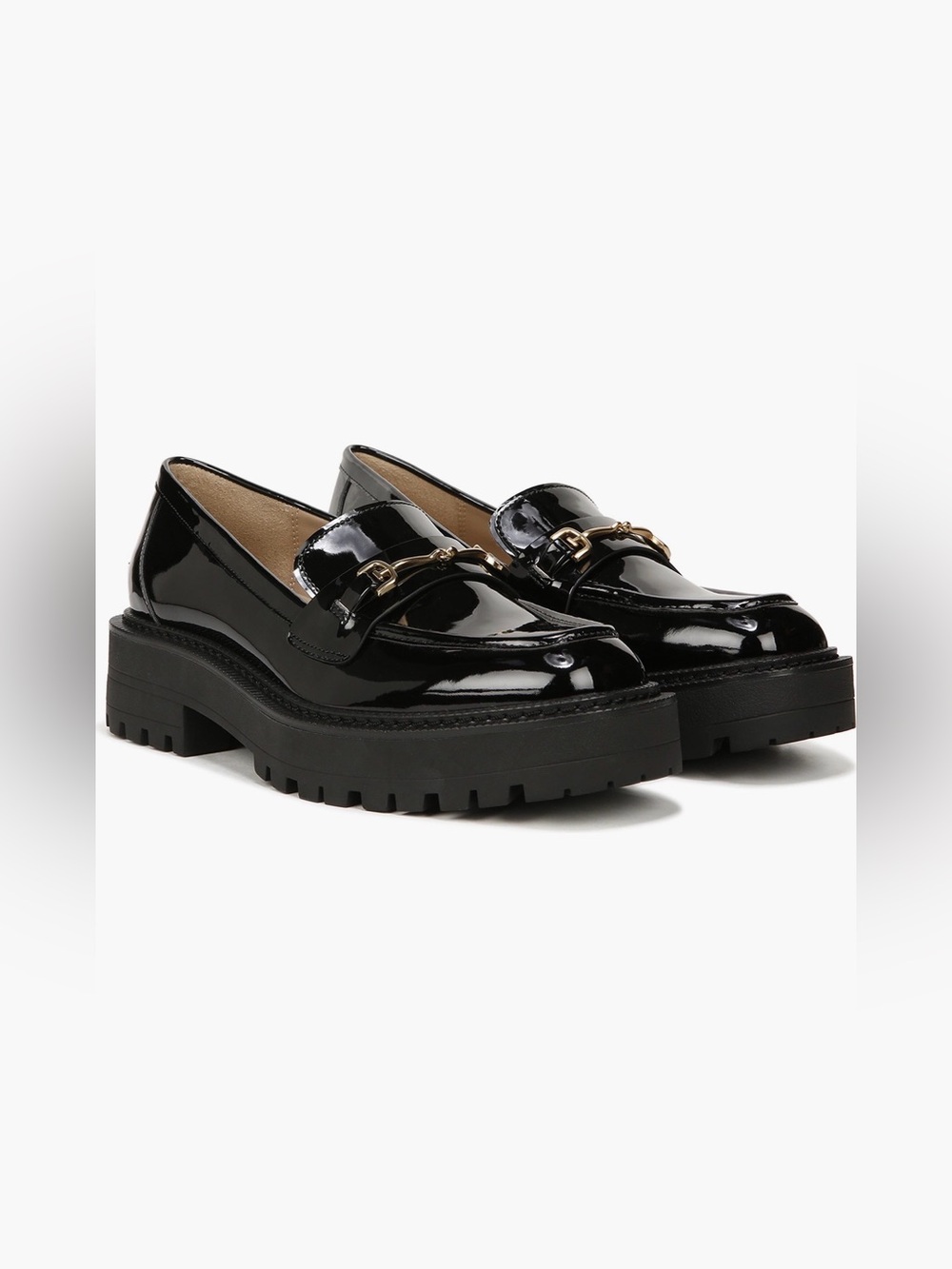 Sam Edelman Laurs platform Black Patent Lug-Soled Loafers with Chain Accent.